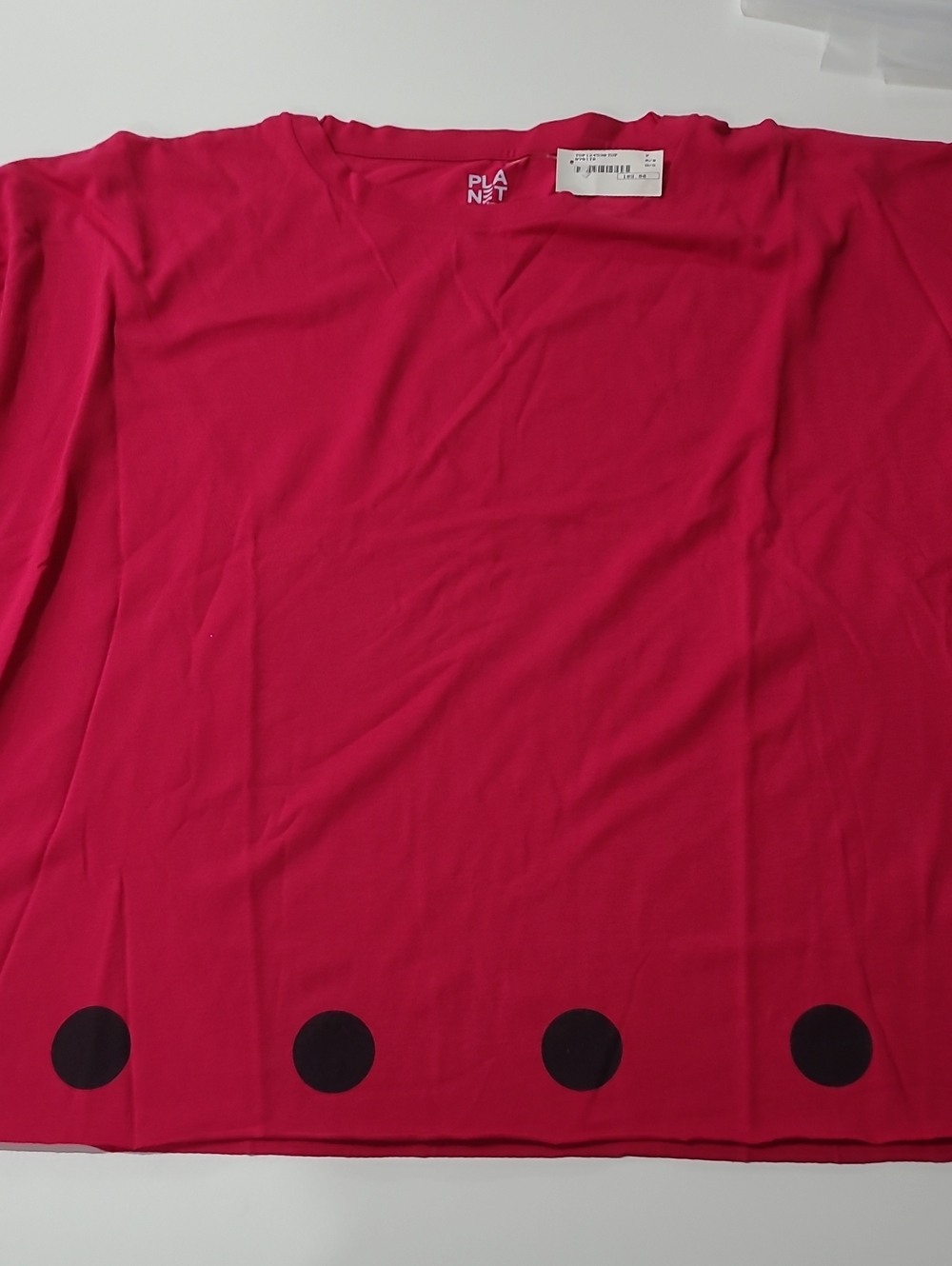 Planet Women's Raspberry Crew Neck Long Sleeve Top with Black Dot Hem